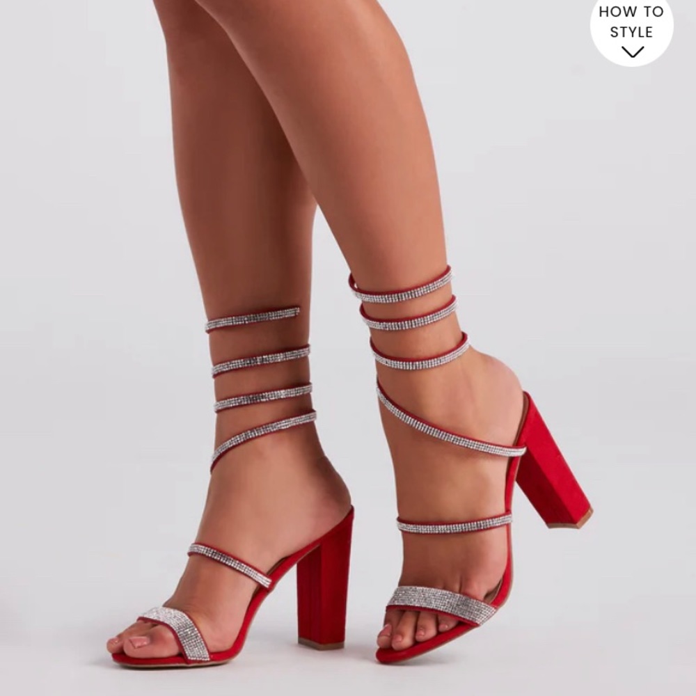 Wild Diva red straps heels with rhinestones and spiral ankle, size 10 never worn